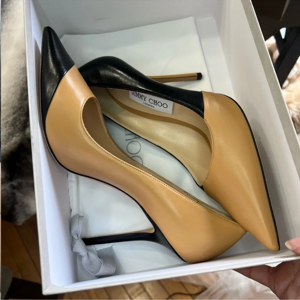 Jimmy Choo Love 100 Asymmetric Butter Rum Black Leather Pumps Heels